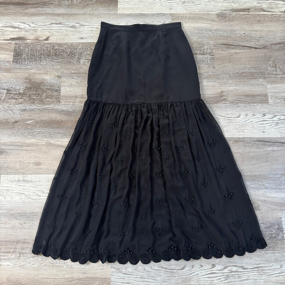 Vintage 90s Magali Black Beaded Drop Waist Midi Skirt Dark Academia Goth Medium